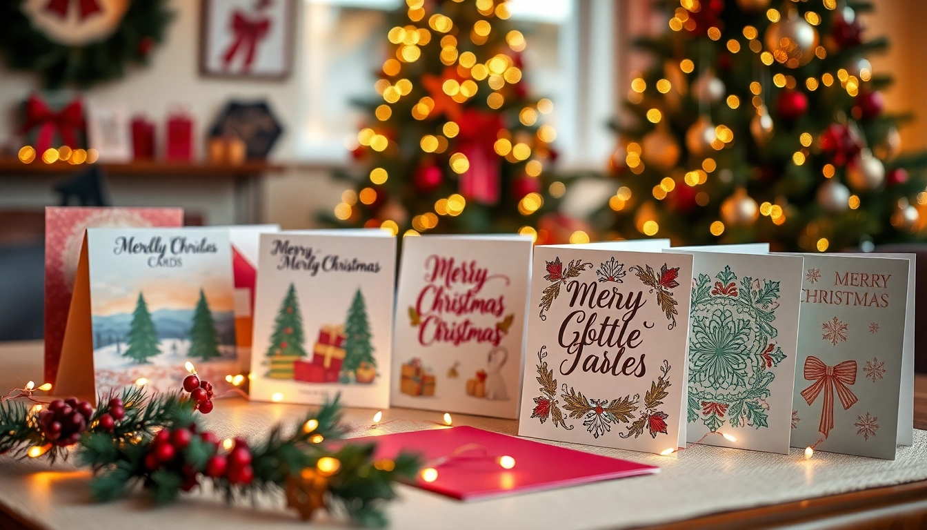 Admire stunning Christmas cards Camden displayed beautifully on a cozy table setting with fairy lights.