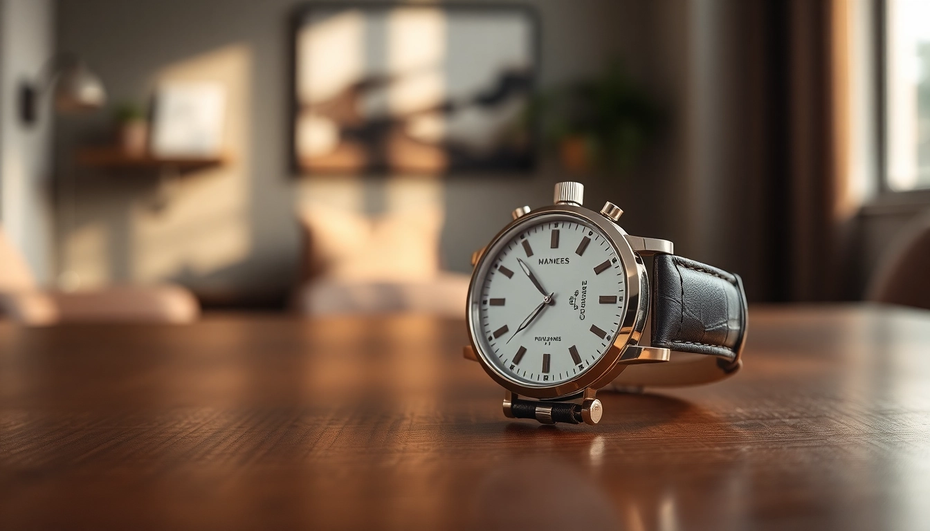 Elegantly showcase Herren Armbanduhren with a close-up of a professional wristwatch on a wooden table.