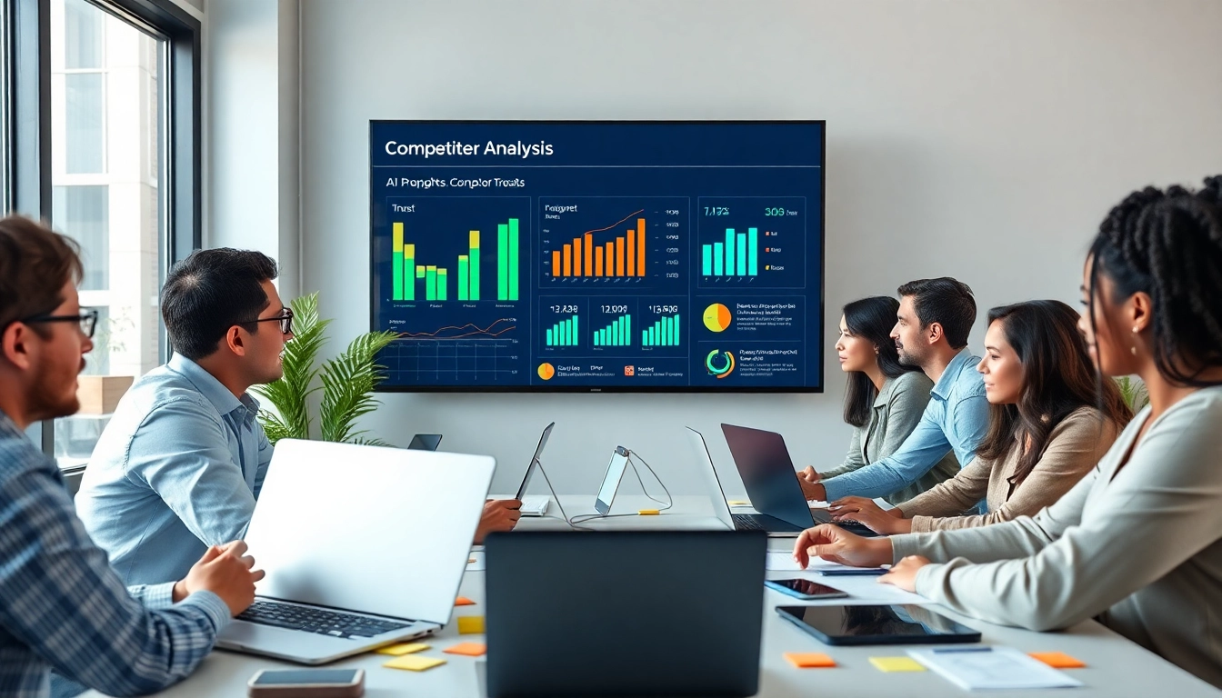 Utilize ai prompts for competitor analysis with a diversified team strategizing in a vibrant workplace.