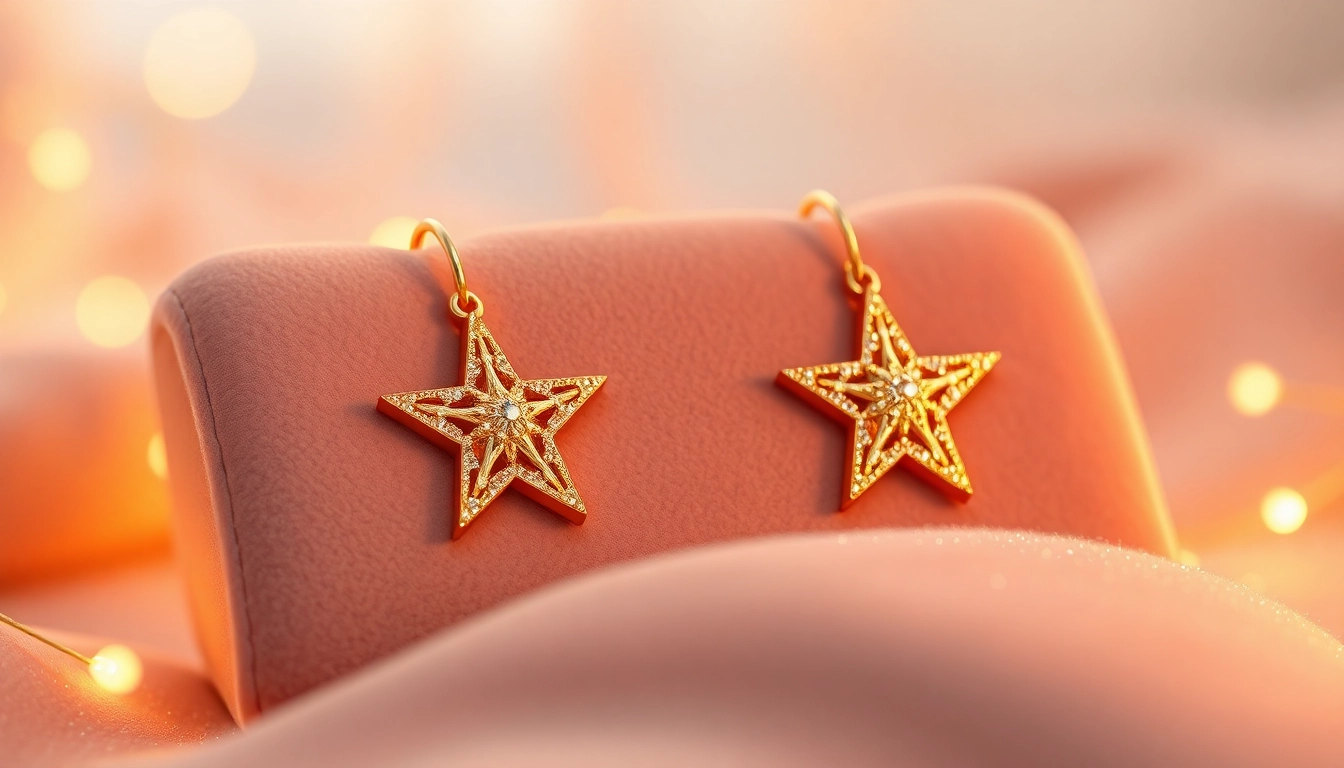 Showcase of elegant earrings gold stars with intricate designs on a plush velvet surface.