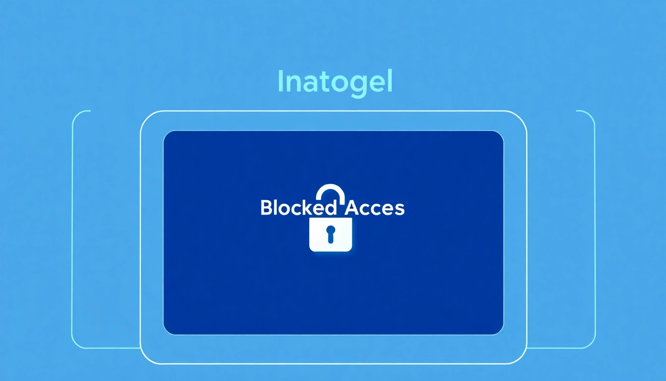 Inatogel access blocked screen with security elements and a padlock illustration.