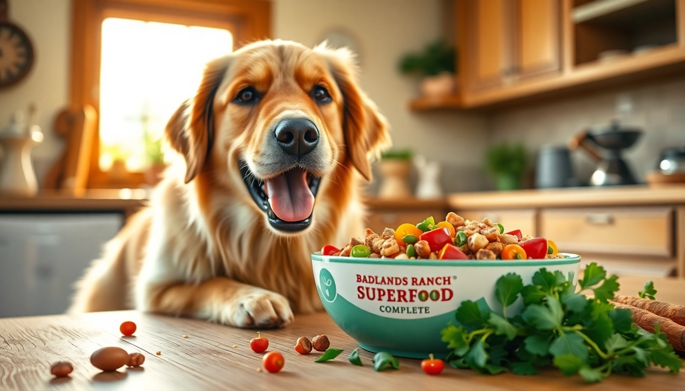 Golden retriever enjoying badlands ranch superfood complete in a cozy kitchen setting, highlighting nutritious ingredients.