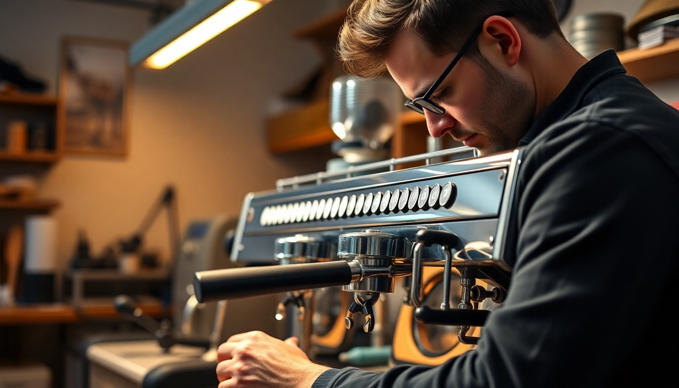 Cimbali service technique expertly underway as a technician adjusts components of an espresso machine.