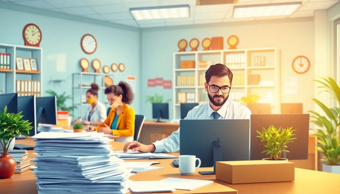 Showcasing QSM document clearing services with professionals engaged in processing documentation in a modern office.
