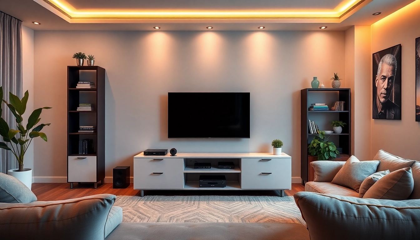 Comprar IPTV en un moderno salón con un televisor elegante y una atmósfera acogedora.