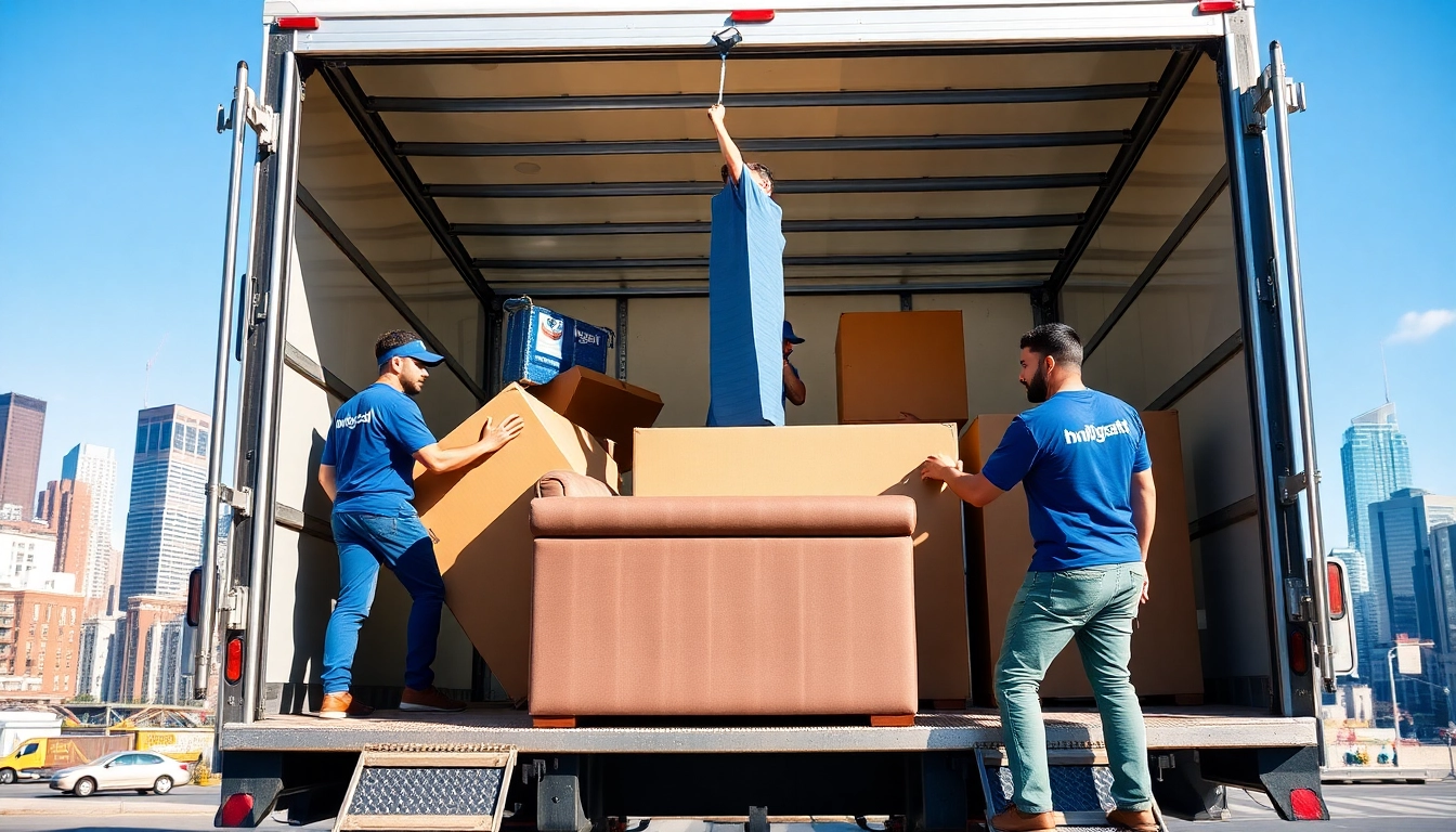 Movers from a Manhattan moving company efficiently loading furniture into a truck against the NYC skyline.