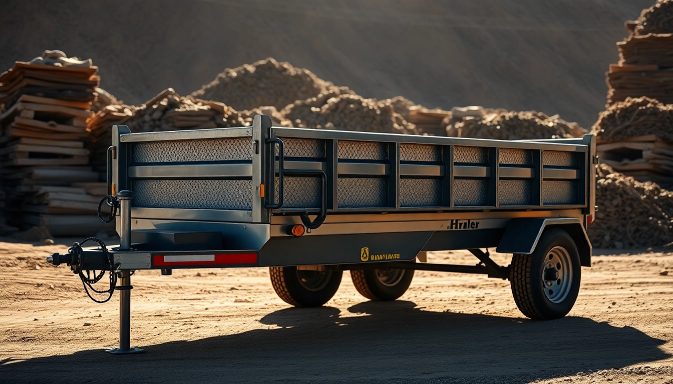 Dump trailer for sale near me showcased in a construction site with heavy materials.