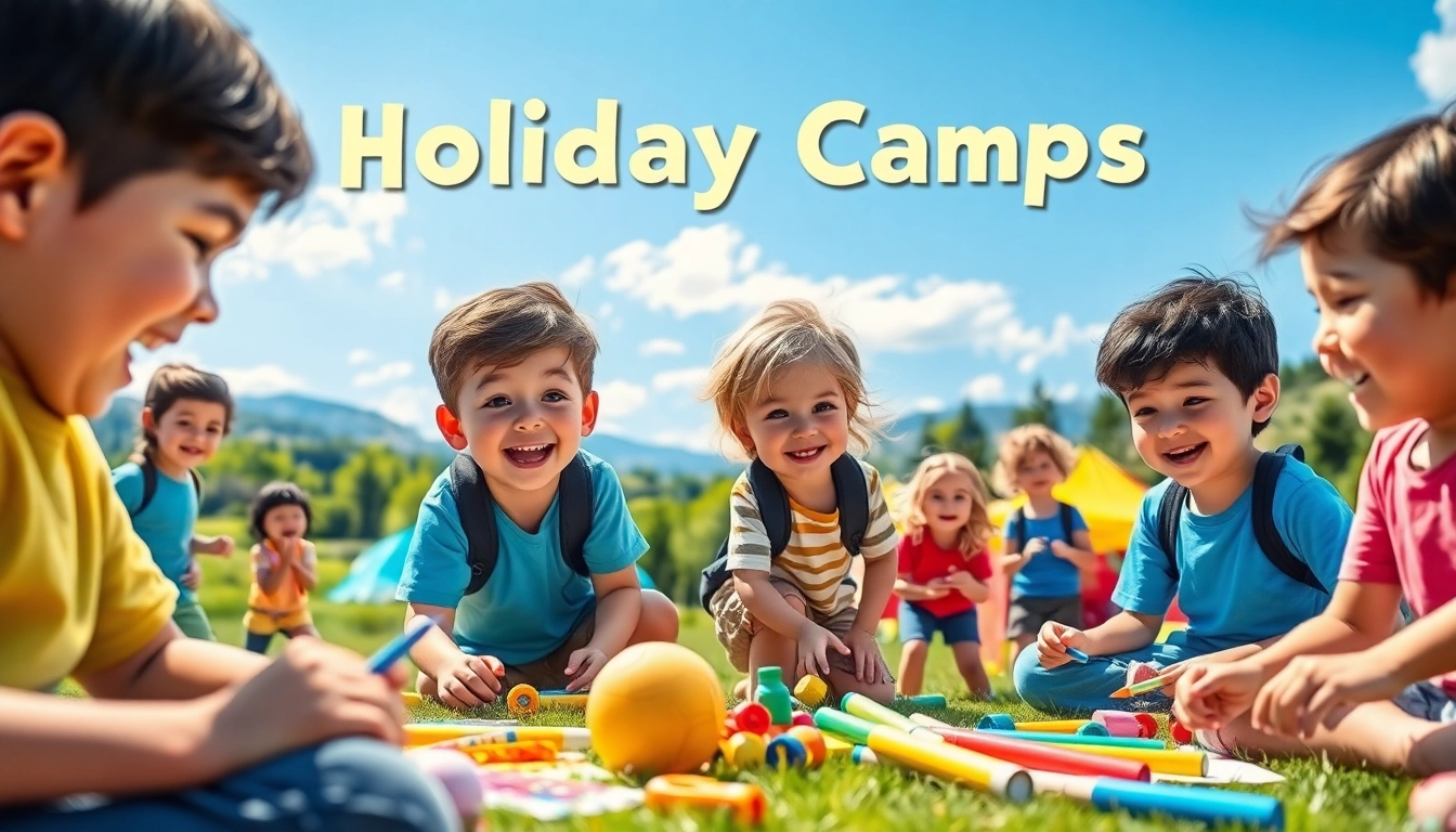 Children enjoying various activities at holiday camps, showcasing teamwork and joy in a vibrant outdoor setting.