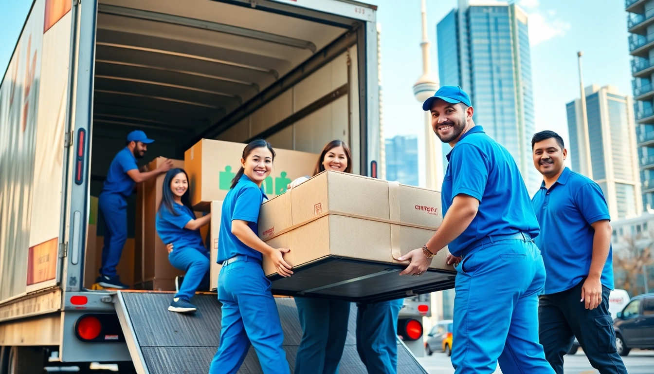 Movers in Toronto area collaborating to load furniture into a truck in a vibrant urban setting.