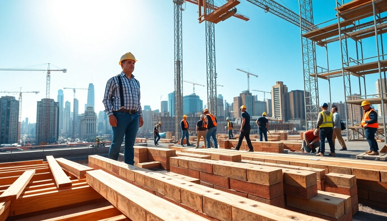 Manhattan General Contractor supervising a vibrant construction site with diverse workers and urban skyline.