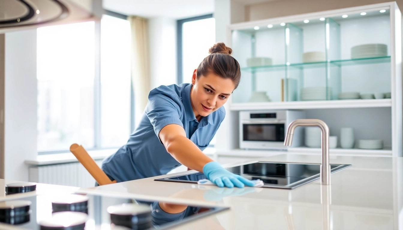 Expert bond cleaning professional meticulously scrubbing a sparkling kitchen, showcasing quality service.