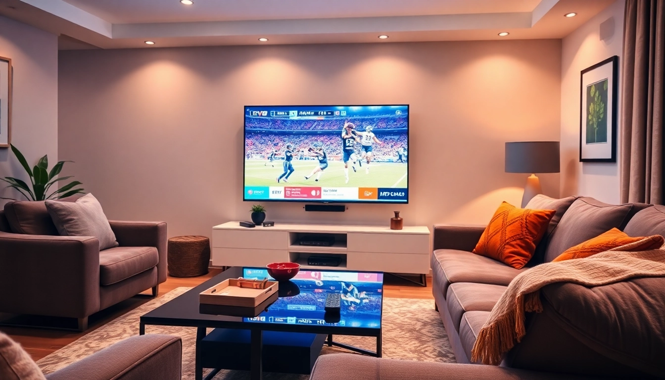 Comprar IPTV con una moderna configuración de entretenimiento en casa, mostrando una sala de estar acogedora.