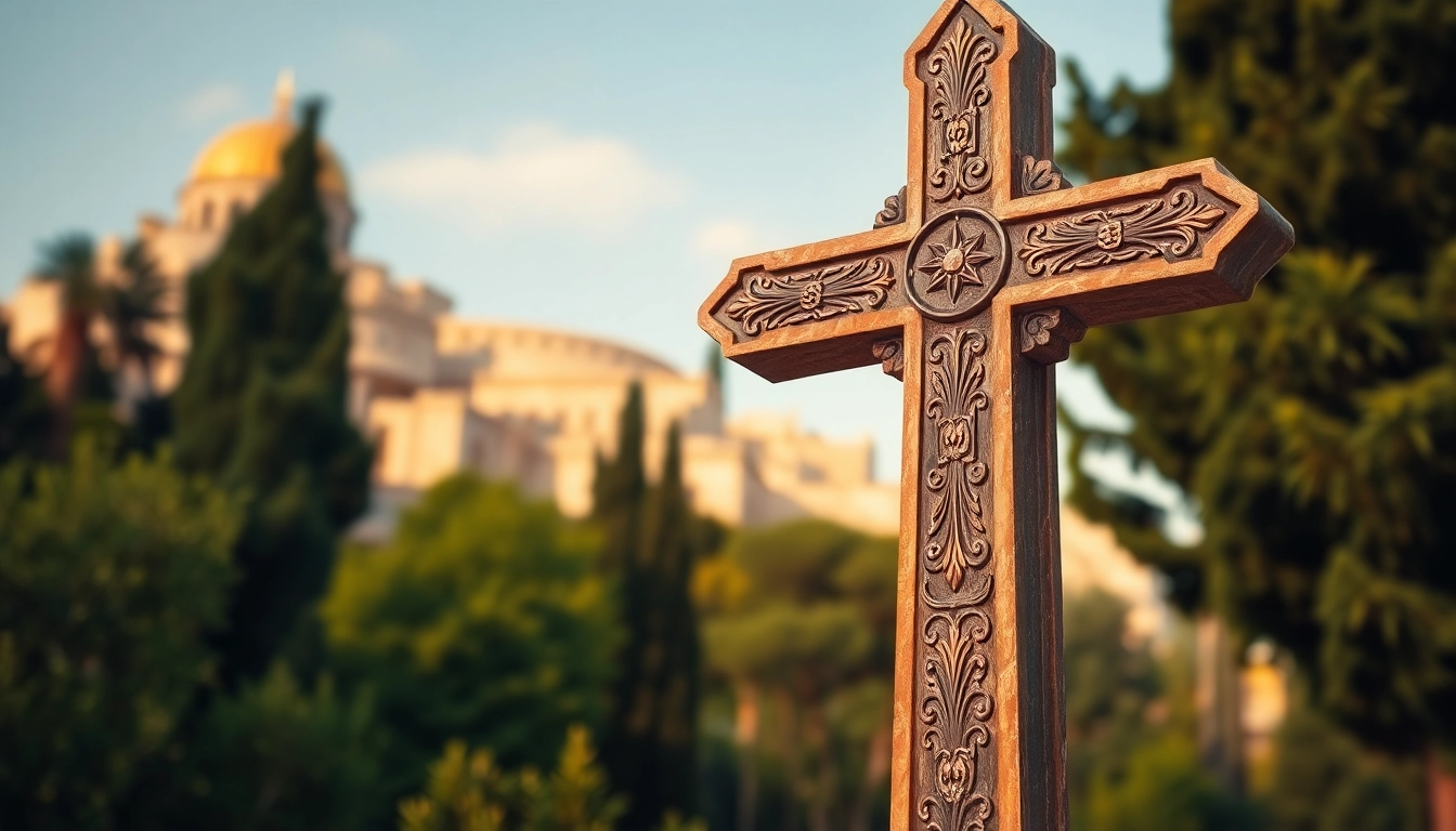 Showcasing Jerusalem crosses with intricate details set against a serene landscape backdrop.