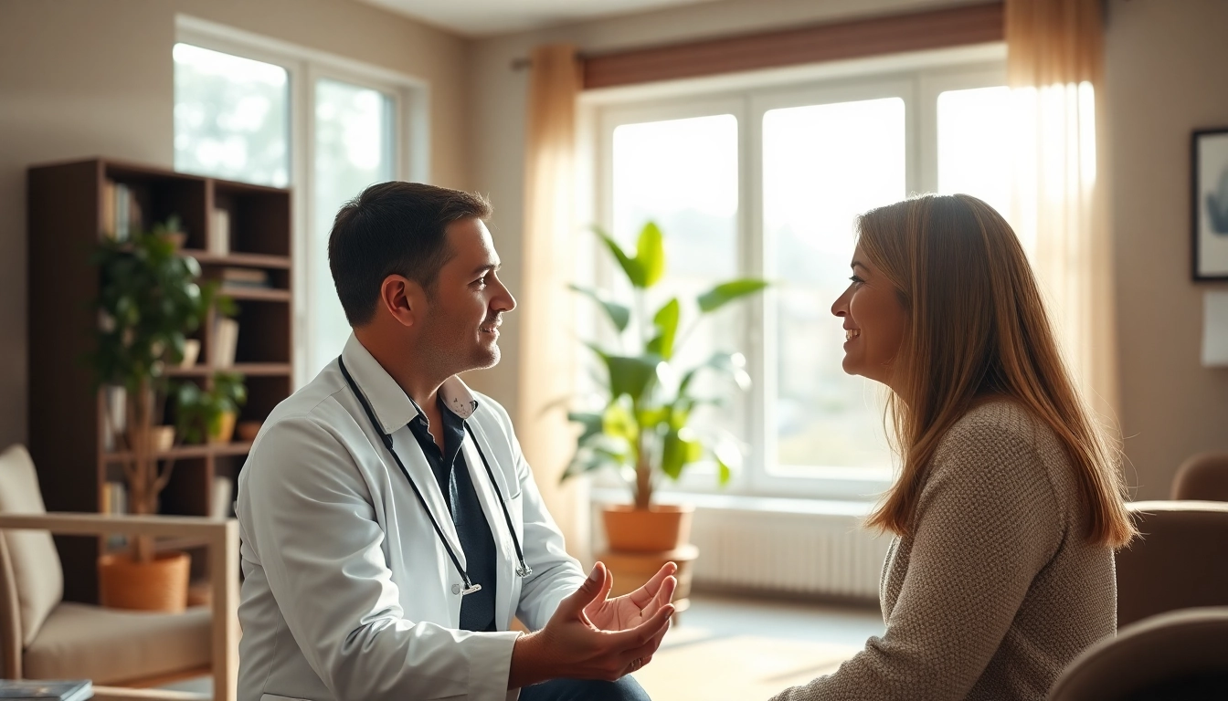 Discussing depression with a therapist in a soothing office environment.