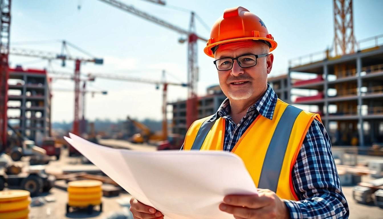 New Jersey Construction Manager analyzing project blueprints at a bustling construction site.