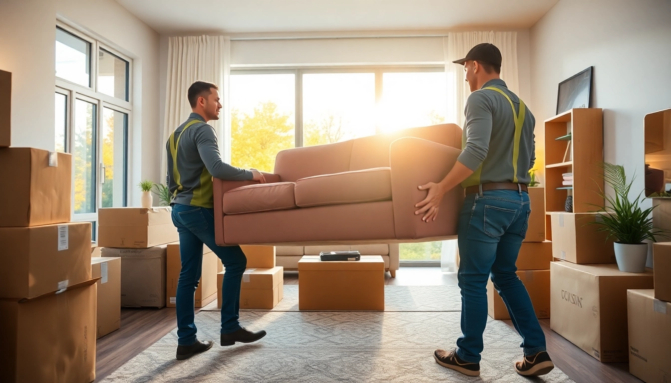 Movers Calgary safely lifting a sofa in a neat living room filled with boxes.