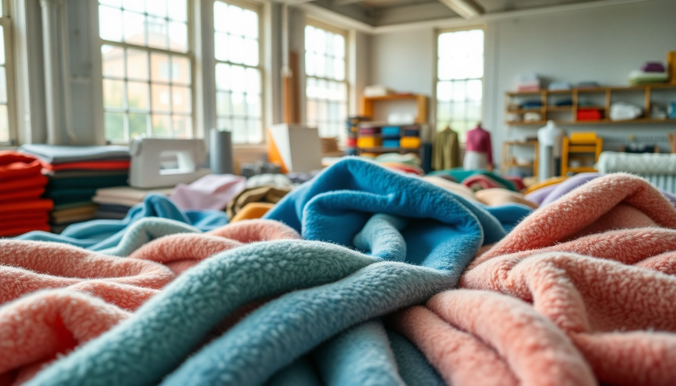 Fleece stoffen met diverse kleuren en patronen in een naaiatelier.
