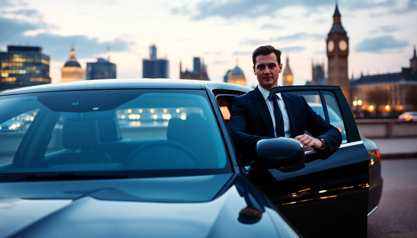 Enjoy a premium chauffeur hire london service with a professional chauffeur by a luxurious vehicle.