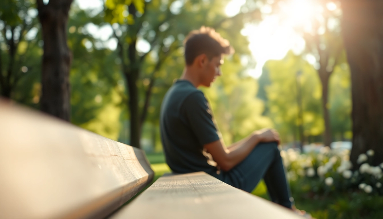 A person reflecting on dealing with grief while sitting peacefully on a park bench.